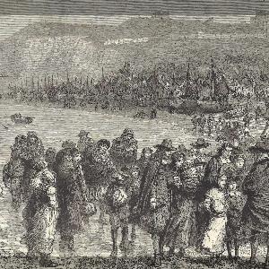 Hugenotten auf der Flucht nach England 1685, Skizze von Godefroy Durand. The Graphic (London), 24.10.1885, S. 17