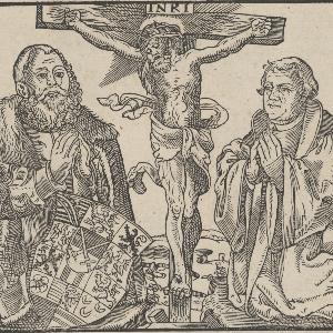 Titelseite der Handschrift 2 Op.theol.V,10a, Luther und Kurfürst Johann Friedrich unter dem Kreuz