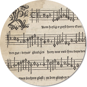 Chorbuch von Johann Walter, Wittenberg 1524. Die Melodie (=Tenor)-Stimme ist nur in einem einzigen Exemplar erhalten, nämlich in der Bayerischen Staatsbibliothek in München (Rar. 6 g). Hier das Lied „Komm, Heiliger Geist, Herre Gott“ (EG 125). © BSB München