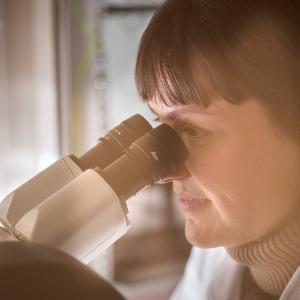 Employee at the microscope of the patch clamp stand.