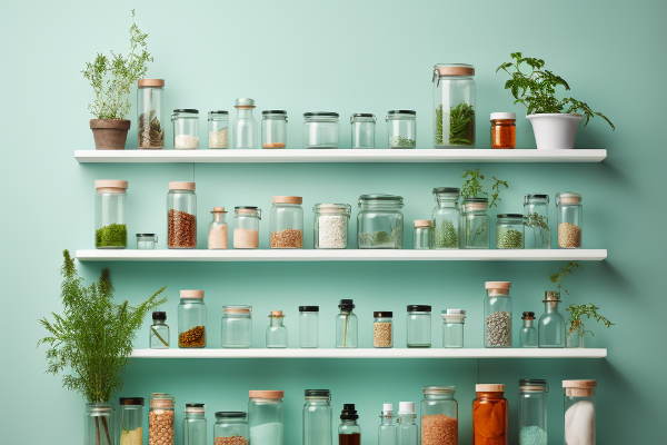 Glasses with various substances on a shelf