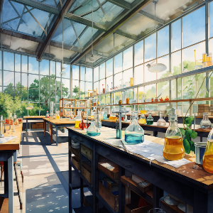 Picture of a laboratory in a large atrium. There are various bottles of liquids on the tables.