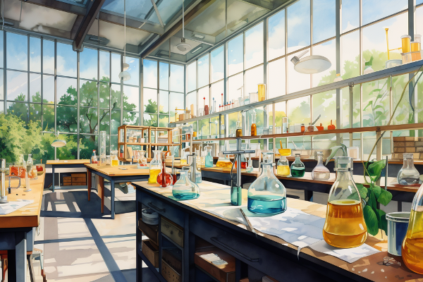 Picture of a laboratory in a large atrium. There are various bottles of liquids on the tables.