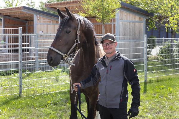 Pferd mit Personal auf Koppel