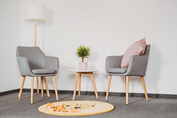 Therapieraum mit zwei Sesseln, einem Tisch mit Pflanze, einem Löwen Teppich und hölzernen Bauklötzen für Kinder