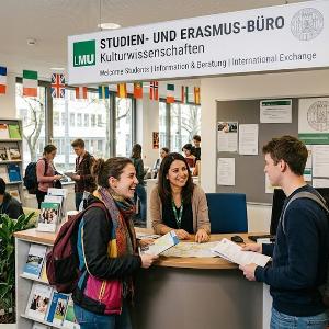 Studierende in einem Büro mit Infomaterial zu Erasmus - KI generiert