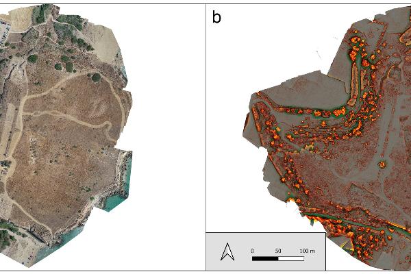 Comparison of Heloros SfM-based RGB orthophoto (L) and modified-LRM map (R) of the Heloros Hill