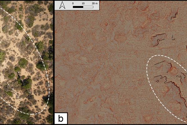 Comparison of an aerial photo of Greek quarries in the Marianelli area (L) with their ALS-based modified-LRM visualization (R)