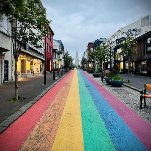 Rainbow Street in Reykjavik, Island, 2026