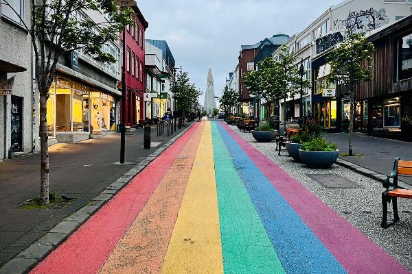Rainbow Street in Reykjavik, Island, 2026