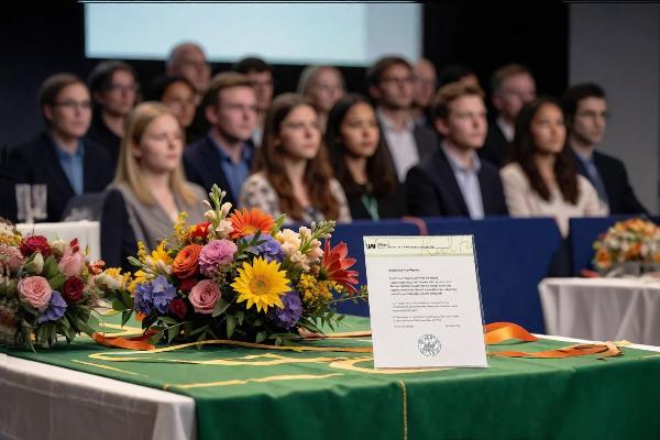 Ansicht eines Publikums bei einer Preisverleihung mit Blumen und einer LMU-Urkunde - KI generiert