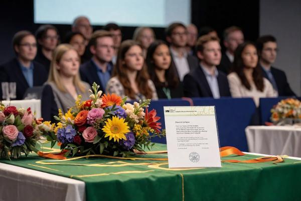 Preisverleihungszeremonie mit Publikum, Blumenarrangement und Urkunde - KI generiert