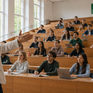 Professorin vor einem Hörsaal mit Studierenden - KI generiert