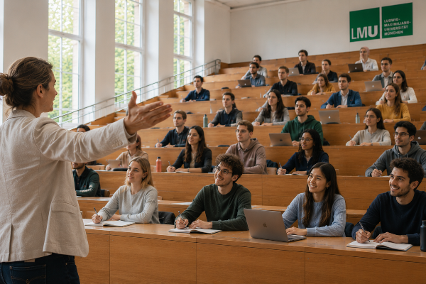 Professorin vor einem Hörsaal mit Studierenden - KI generiert