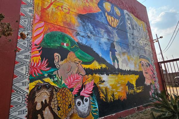 Kreative Street-Art an einer Wand, farbenfrohe Motive zu Menschen, Natur und Zerstörung