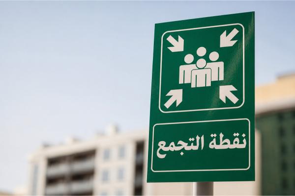 arabisches Straßenschild mit Versammlungssymbolik