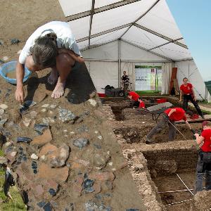 Collage von vier Situationen, in denen Archäologen an verschiedenen Plätzen der Welt tätig sind.