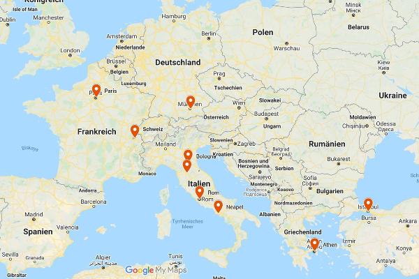 Übersicht der europäischen Städte mit Erasmus+-Partneruniversitäten des Instituts für Klassische Archäologie.