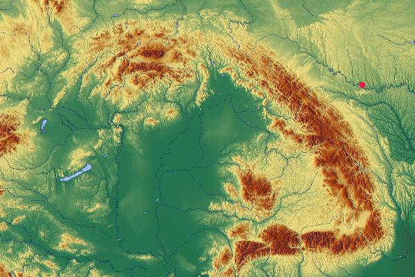 Topographische Karte des Karpatenraums mit einem Punkt der die Lage von Mkhalkiv im NordOsten zeigt.