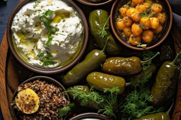 A platter full of mediterranean food.