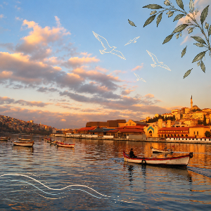 Blick über das Goldene Horn in Istanbul mit Booten auf dem Wasser und der historischen Stadtlandschaft im Hintergrund, ergänzt durch illustrative Elemente von Vögeln, Blättern und Wellen.