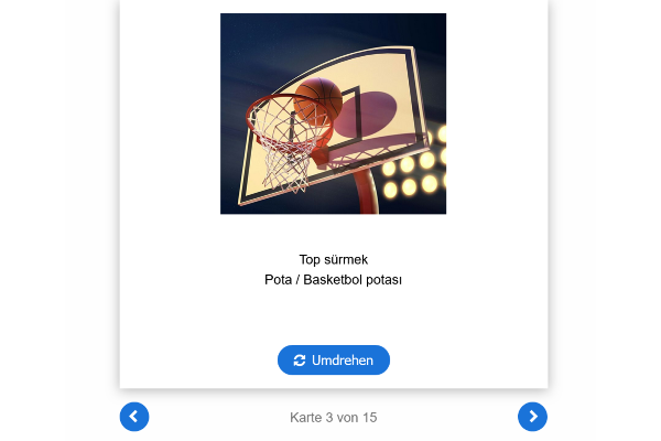 Interaktive H5P-Dialogkarte zum Wortschatztraining im Themenfeld Sport. Die Karte zeigt einen Basketballkorb mit Ball und vermittelt spielerisch türkische Sportvokabeln durch visuelle Zuordnung und Wiederholung.
