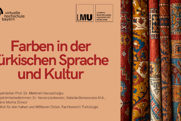 Titelgrafik der Lerneinheit „Das Zahlensystem im Türkischen“ mit den Logos der Virtuellen Hochschule Bayern und der LMU München. Rechts ist eine Gruppe farbenreicher Mosaiklampen zu sehen, die in unterschiedlichen Formen, Größen und Mustern gestaltet sind. Links steht der Titel der Lerneinheit auf hellem Hintergrund.