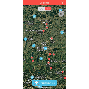 Screenshot der Lingscape-App mit Kartenansicht und markierten Einträgen. Die Abbildung zeigt den Schritt der Standortauswahl beim Hochladen eines Fotos für das Projekt Visible Turkish.