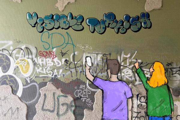 Illustrierte Studierende dokumentieren türkischsprachige Graffiti im öffentlichen Raum Münchens. Die Darstellung veranschaulicht Feldforschung, sprachliche Landschaften und die aktive Beteiligung von Studierenden am Projekt Visible Turkish.