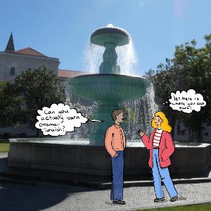 Illustration of two students standing in front of a large fountain on a university campus. One student asks, “Where do you start with Ottoman Turkish?” The other responds, “Here and together!”, emphasizing collaborative learning and guidance.