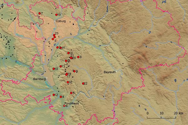 Distribution of Linear Pottery Culture sites in the administrative district of Upper Franconia. Excavated or surveyed sites are marked in red.