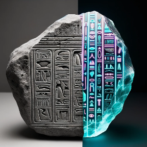 Stein mit Hieroglyphen und digitales Abbild | © Erstellt mit DALL-E3 (Markus Frank) Stein mit Hieroglyphen und digitales Abbild