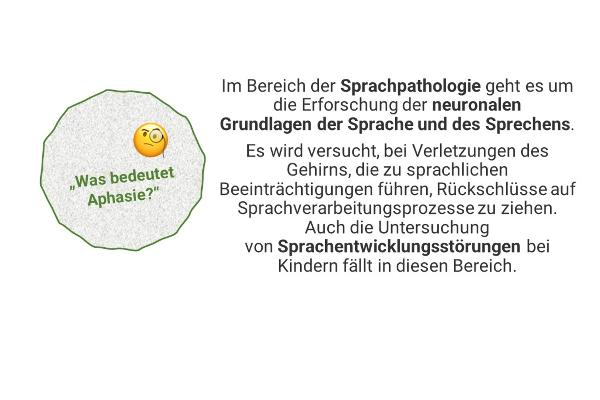 "Was bedeutet Aphasie?" - Im Bereich der Sprachpathologie geht es um die Erforschung der neuronalen Grundlagen der Sprache und des Sprechens. Es wird versucht, bei Verletzungen des Gehirns, die zu sprachlichen Beeinträchtigungen führen, Rückschlüsse auf Sprachverarbeitungsprozesse zu ziehen. Auch die Untersuchung von Sprachentwicklungsstörungen bei Kindern fällt in diesen Bereich.