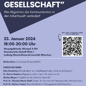 Poster der Podiumsdiskussion der Reihe Sprache und Gesellschaft in lila Tönen