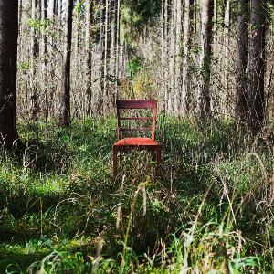 A red chair in the forest.