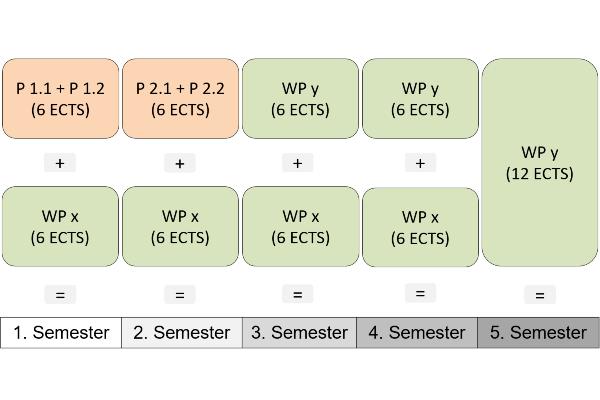 Diagramm: Verteilung auf fünf Semester à 12 ECTS
