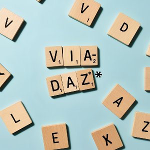 Buchstabensteine mit VIA-DAZ*, hellblauer Hintergrund