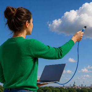 Eine Person, die ihren Laptop mit einer Wolke verbindet.