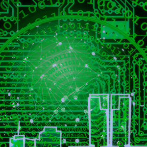 A green on black decorative display of concentric binary numbers superimposed on a circuit board