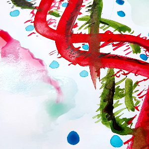 Artist’s impression of DNA surrounded by ions. Watercolor by Ana Maria Camacho.