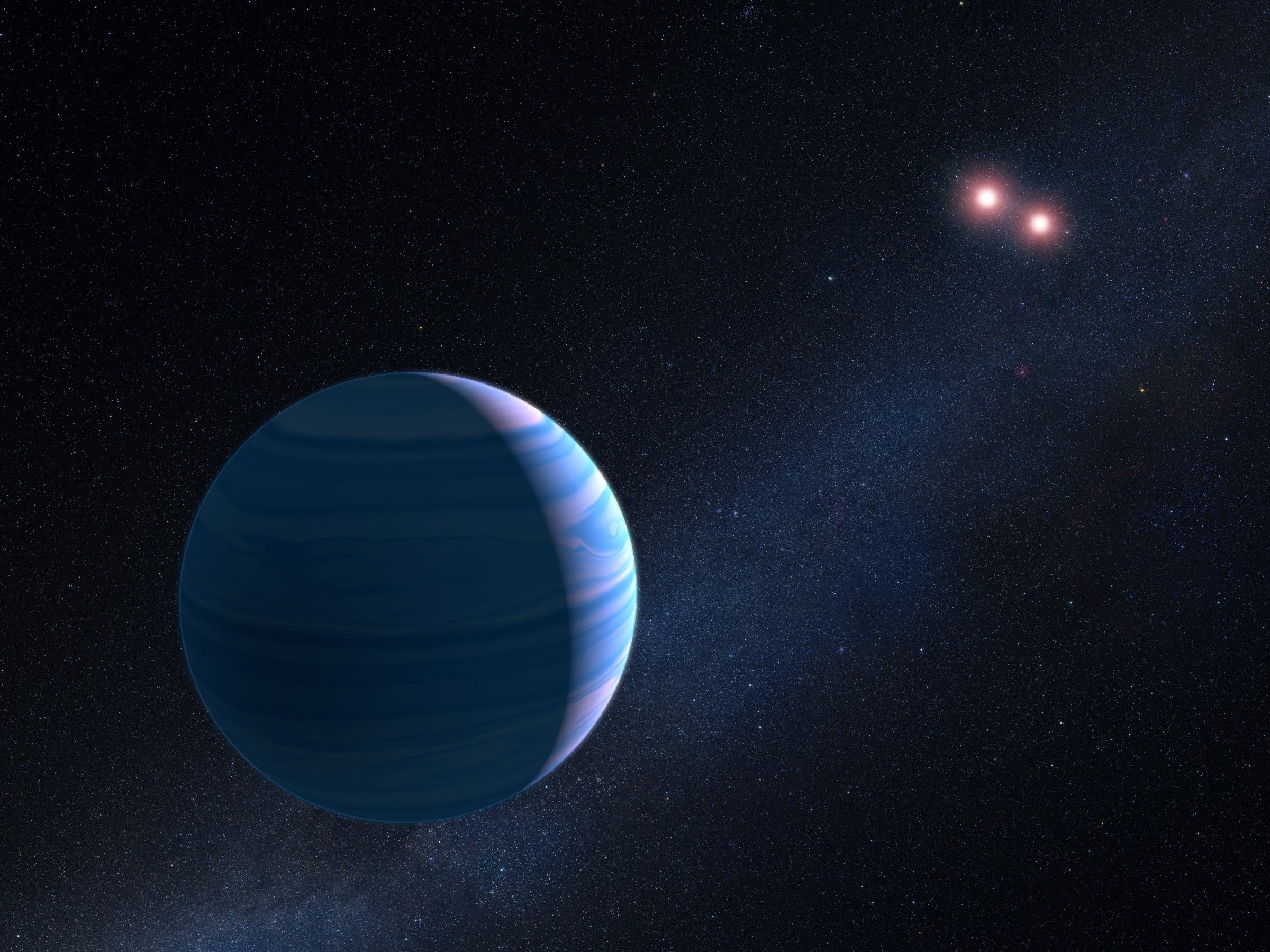 Künstlerische Darstellung eines Exoplaneten, der um zwei Sterne kreist