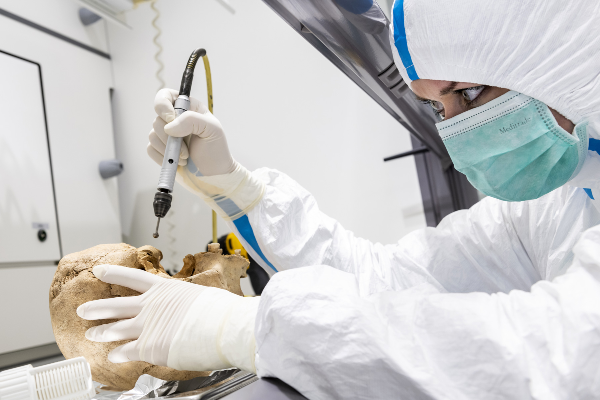 Researcher in protective clothing taking a sample from a human skull in a clean laboratory.