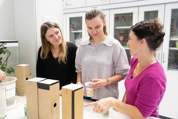 Studierende und Dozentin bei der Versuchsdurchführung