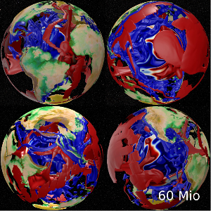3-D thermal mantle structure at 60 million years ago predicted from a high-resolution mantle circulation model (Iso-surfaces at -600 K (blue) and +400 K (red)).