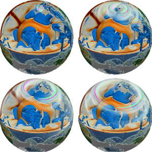 Snapshots of the three-dimensional wavefield computed in a geodynamic model. The wavefield is depicted by green and magenta colours together with the shear wave velocity variations in the model, for which vertical cross-sections and iso-surfaces are shown on a blue to brownish colour scale [Schuberth et al. 2012].