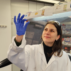 Laura Spies looks at one of the COF thin films examined in the study.