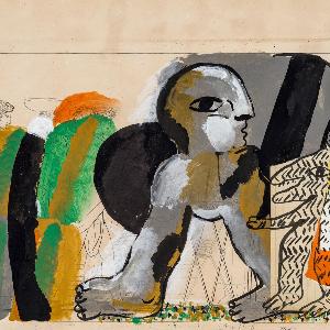 Horst Antes: Nestor, Telemach (Album Leaf 4), 1966/67, gouache, collage on printed etching template by Bonaventura Genelli (Aquatec, ink, and paper), Franz Marc Museum, Etta and Otto Stangl Foundation, (Art at CAS, Winter 2020/21)