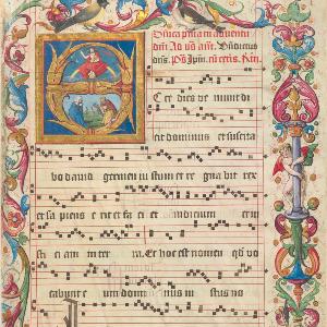 Chorbuch 166 Illumination / Motiv des Plakats zur Ausstellung Musikwissenschaftliche Objekte aus 120 Jahren Forschung