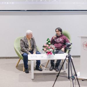 Prof. Oleksandr Lysenko mit Dr. Petro Dolhanov im Gespräch, UCU, Lviv