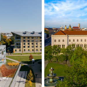 Collage UCU (links), LMU-Hauptgebäude (rechts)